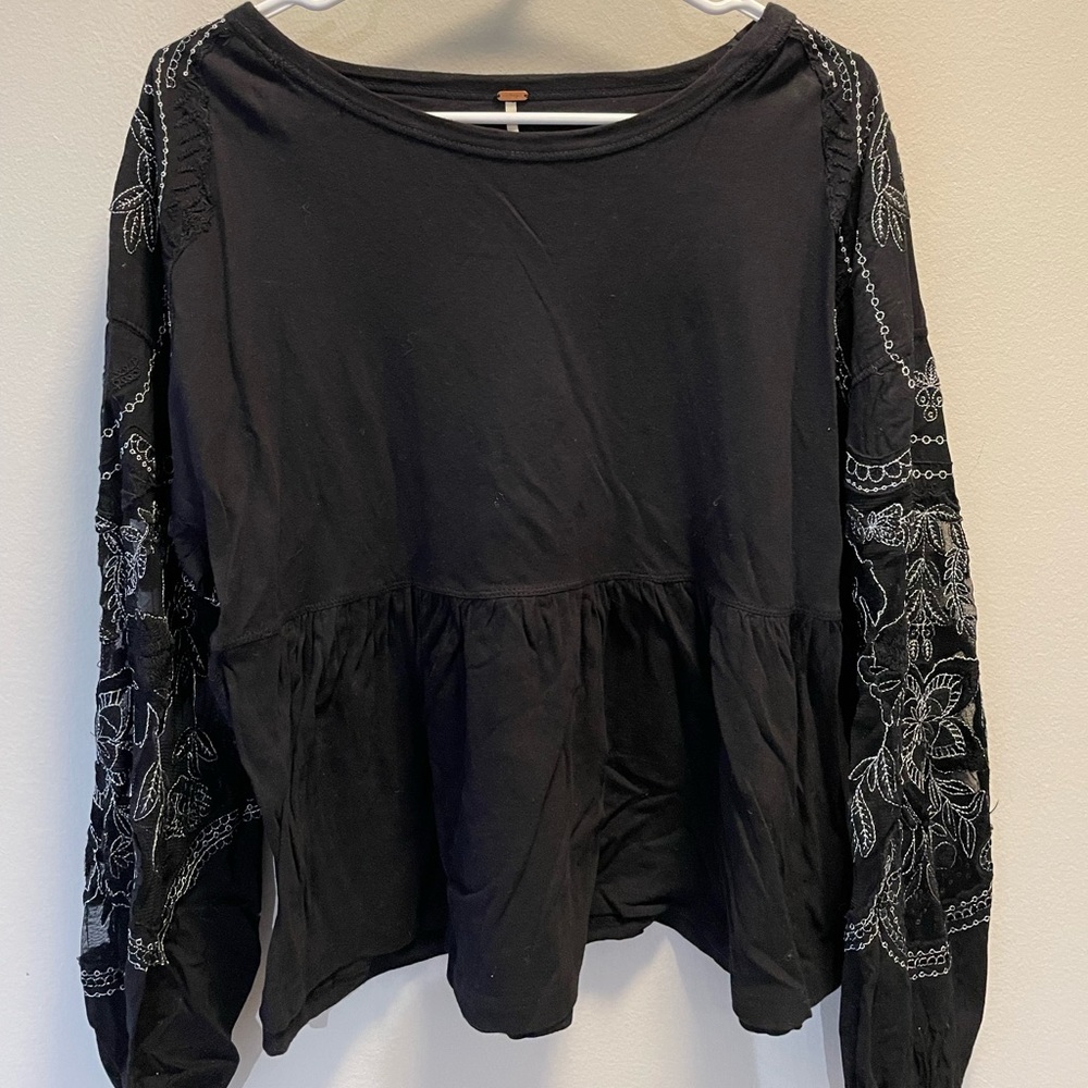 Free People black peplum embroidered shirt size small